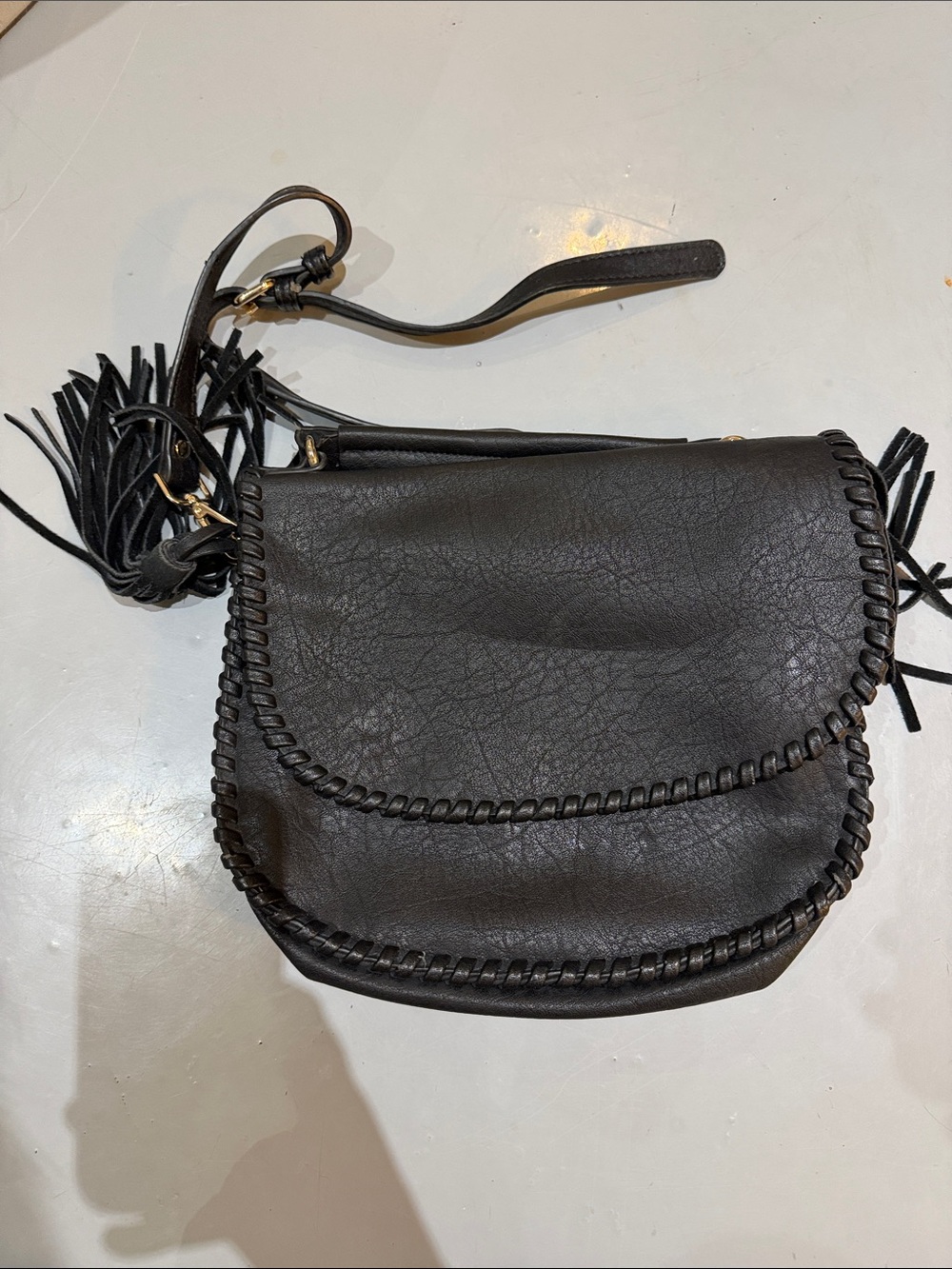 Black Whipstitch Fringe Crossbody Bag - Classic Everyday Style